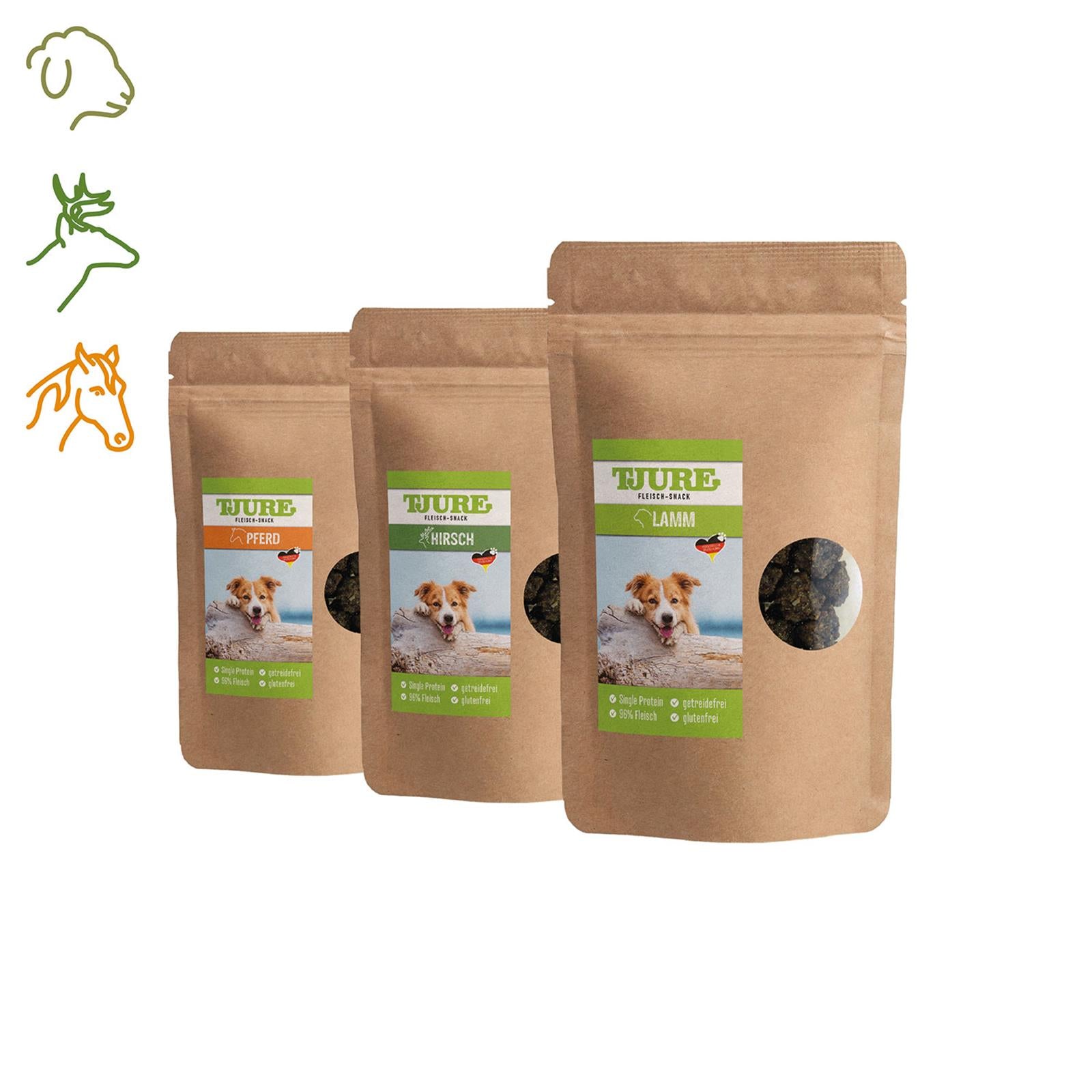 Tjure Perro - Caja de snacks premium cada 150 g (ciervo, cordero, caballo)