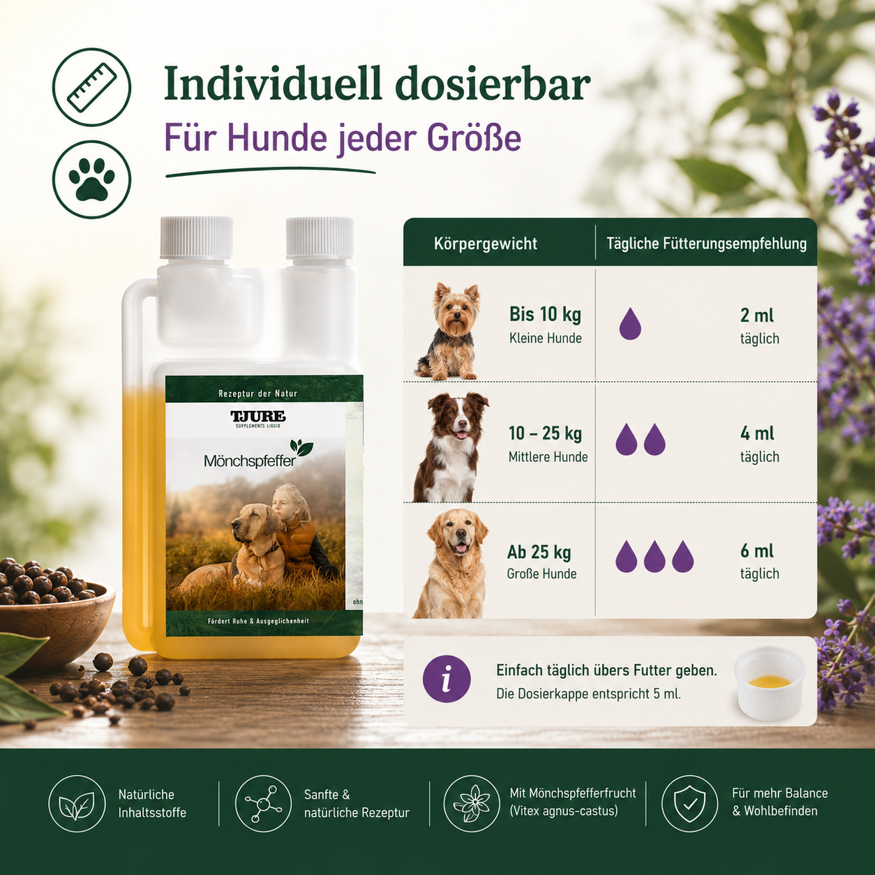 TJURE - Extracto de Vitex líquido - 500 ml | Equilibrio hormonal para perros felices | en celo | pseudogestación