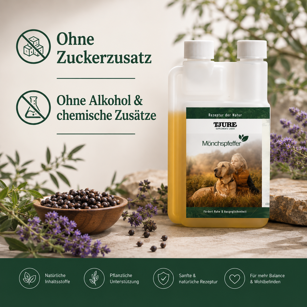 TJURE - Extracto de Vitex líquido - 500 ml | Equilibrio hormonal para perros felices | en celo | pseudogestación