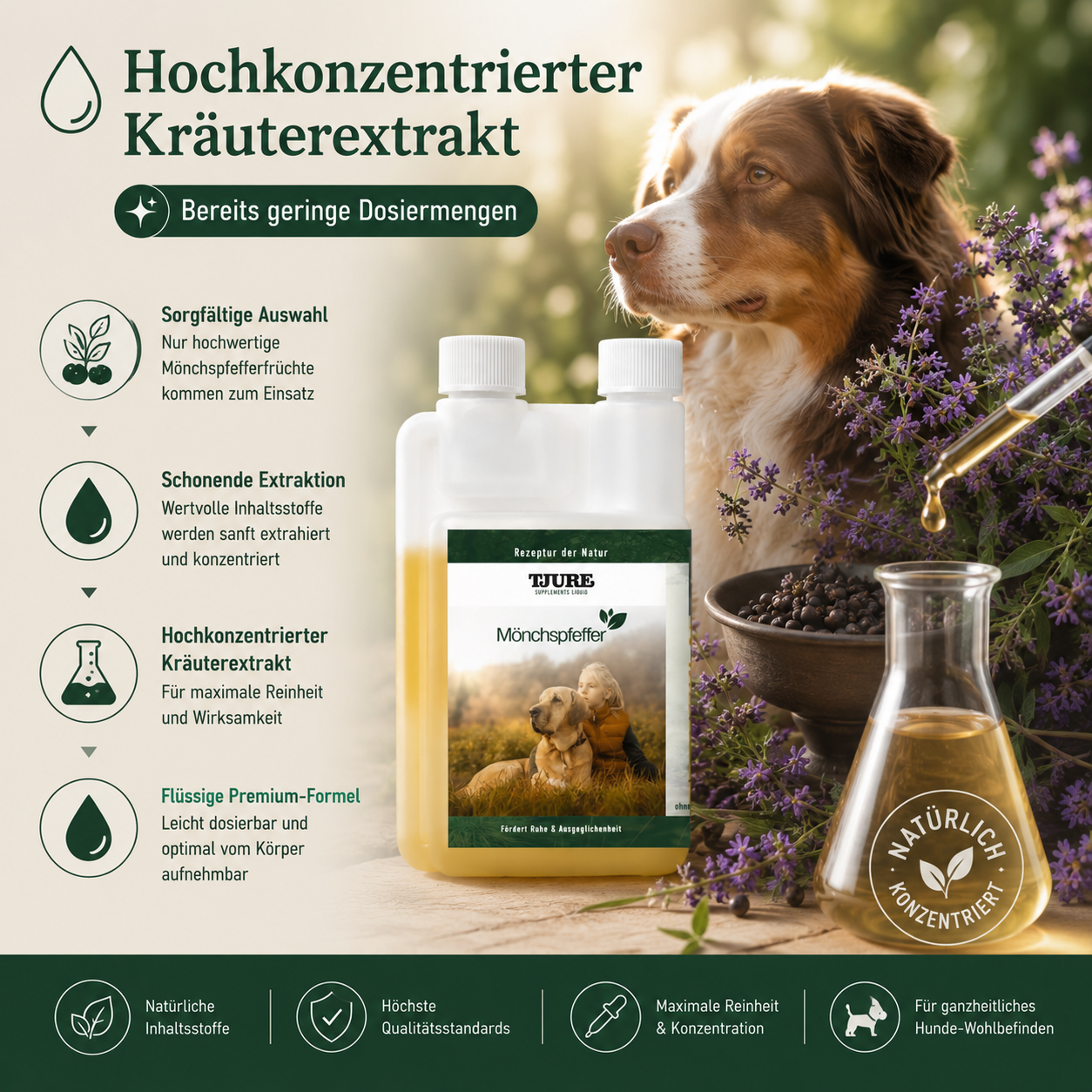 TJURE - Extracto de Vitex líquido - 500 ml | Equilibrio hormonal para perros felices | en celo | pseudogestación