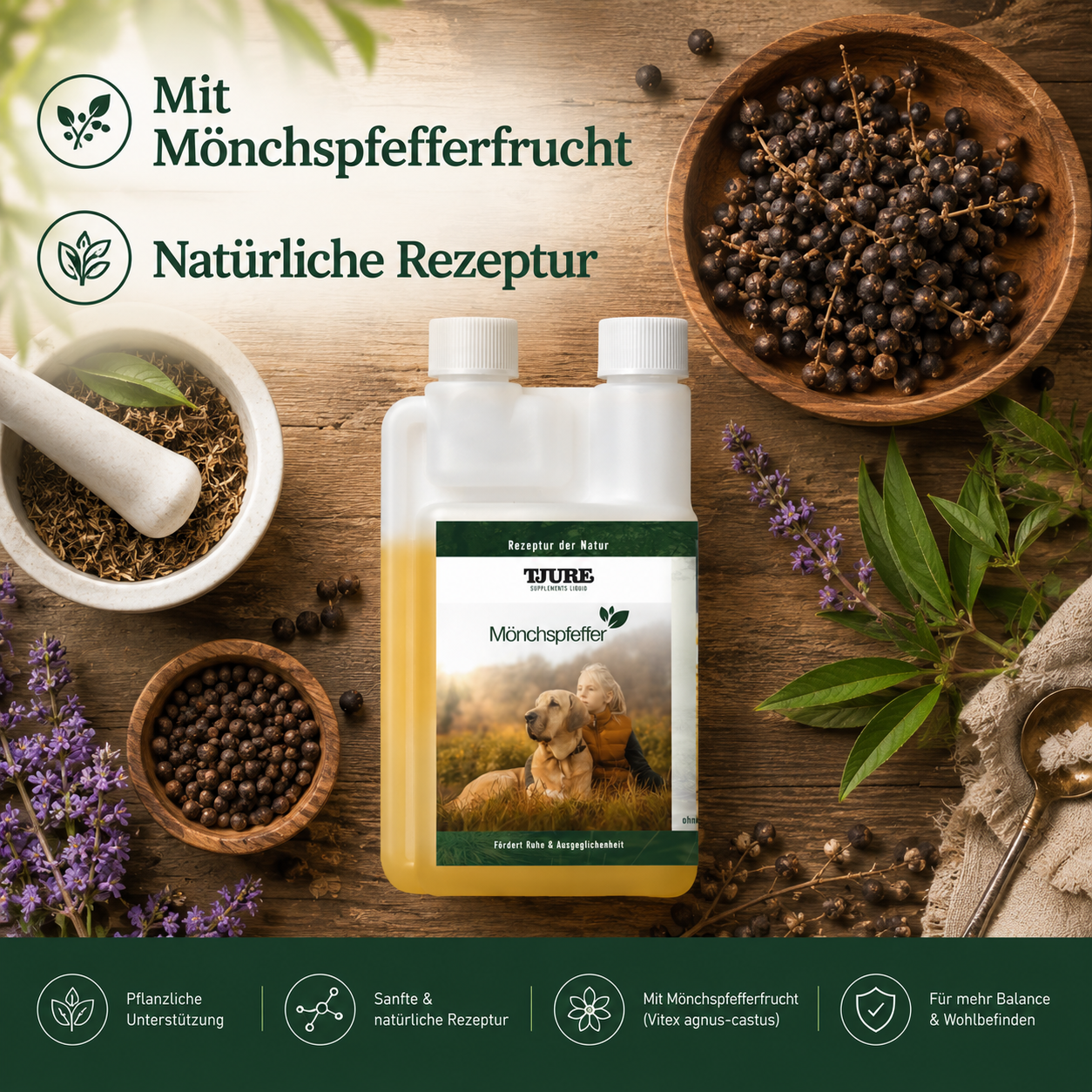 TJURE - Extracto de Vitex líquido - 500 ml | Equilibrio hormonal para perros felices | en celo | pseudogestación