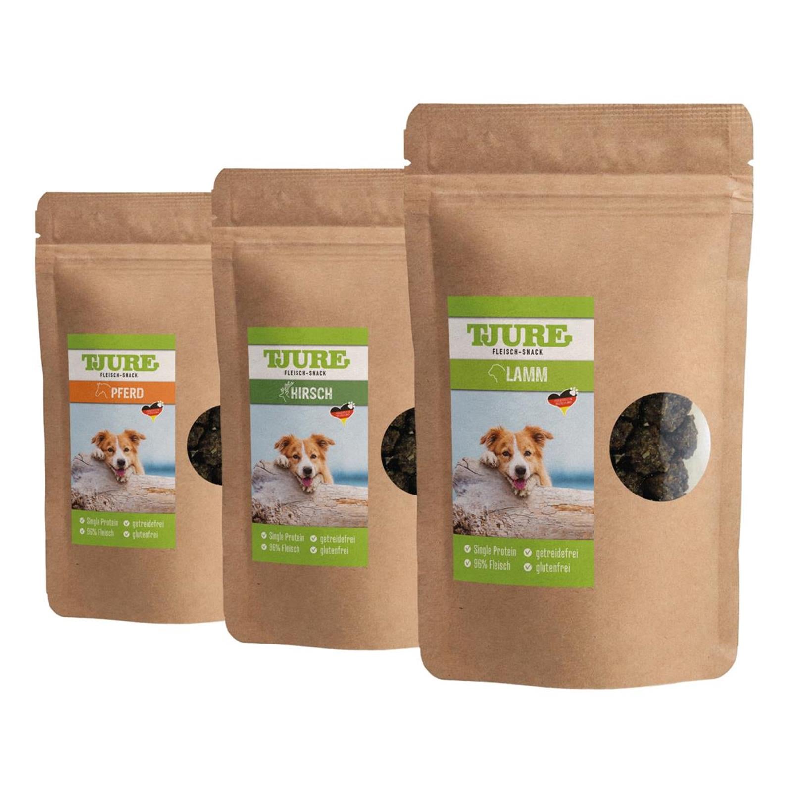Tjure Perro - Caja de snacks premium cada 150 g (ciervo, cordero, caballo)